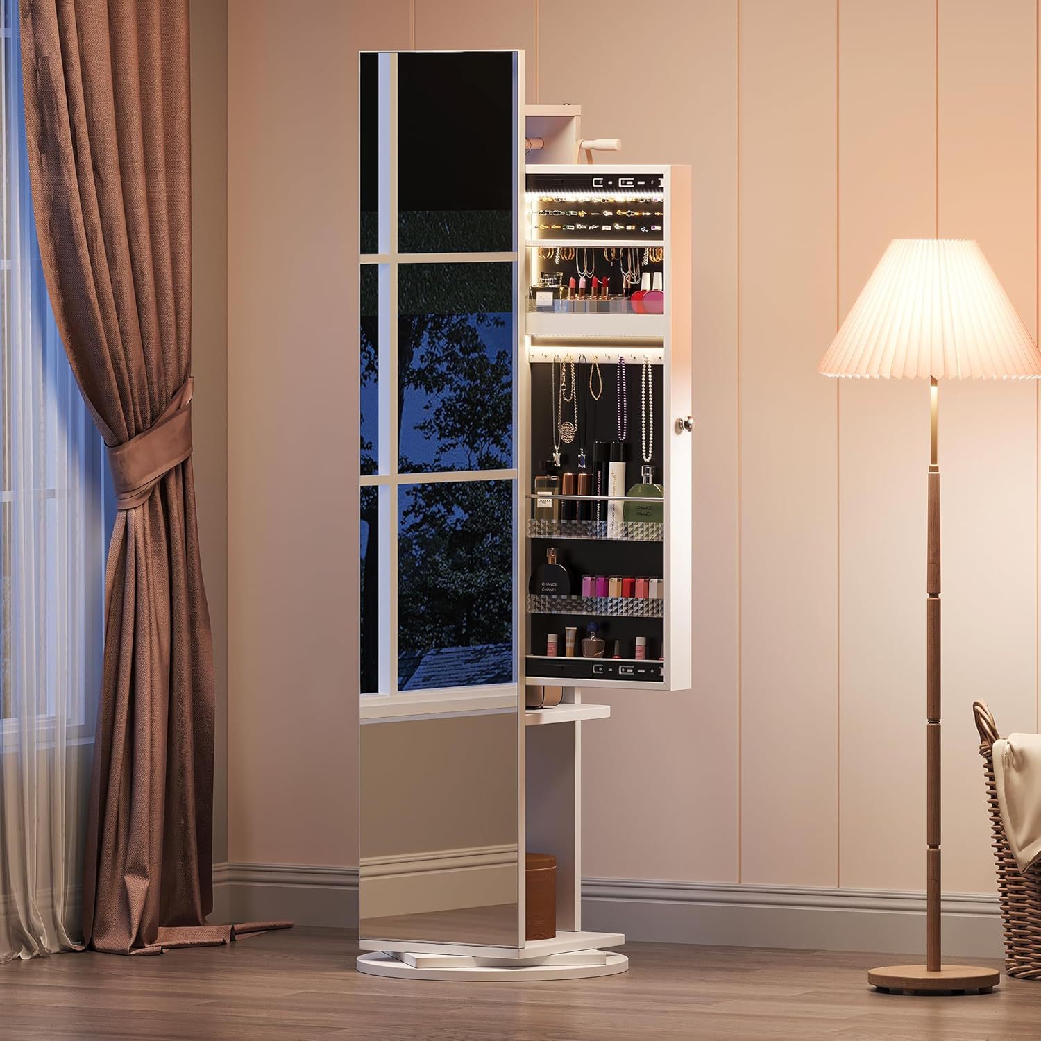 Jewelry Mirror Cabinet with Lights Full Length Mirror Jewelry Armoire LED Jewelry Organizer with 1 Coat Hanger, 4 Hooks, Standing Jewelry Armoires with Storage Shelves