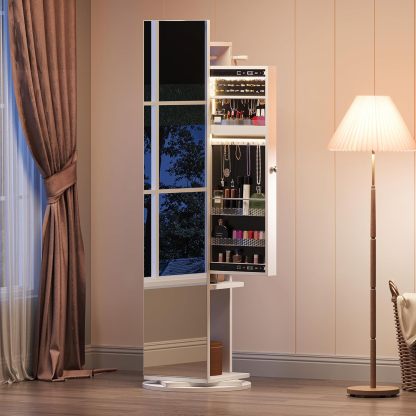 Jewelry Mirror Cabinet with Lights Full Length Mirror Jewelry Armoire LED Jewelry Organizer with 1 Coat Hanger, 4 Hooks, Standing Jewelry Armoires with Storage Shelves