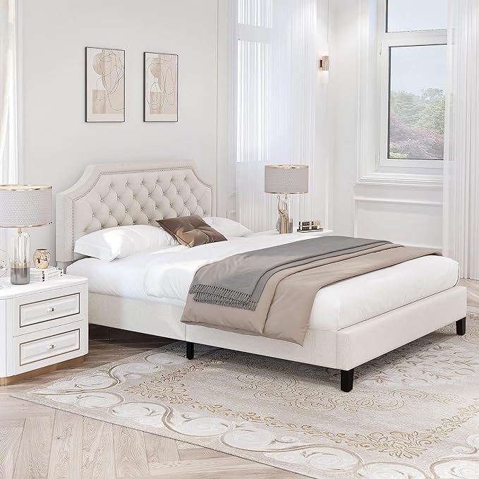 Queen Size Bed Frame with Adjustable Headboard