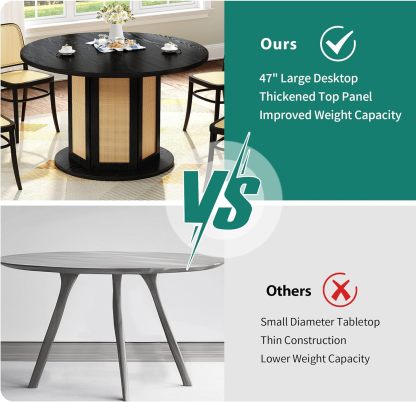 Round Dining Table for 4-6 People 47 Inch Circle Dining Table with Wooden Rattan Base Modern Farmhouse Kitchen