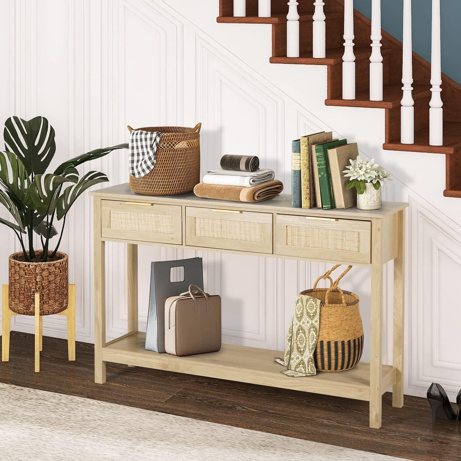 51" Console Table, Oak Grain Sofa Table with Wood Frame, Rustic Hallway Table with 3 Bamboo Weaving Storage Drawers and Shelf for Foyer Living Room Entryway