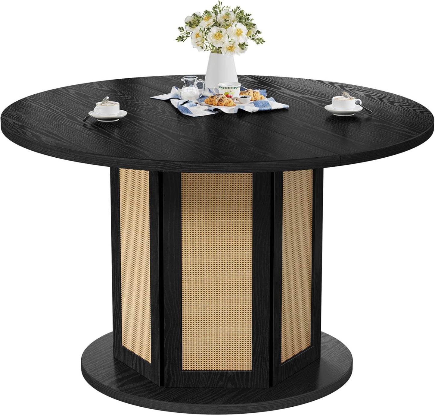 Round Dining Table for 4-6 People 47 Inch Circle Dining Table with Wooden Rattan Base Modern Farmhouse Kitchen