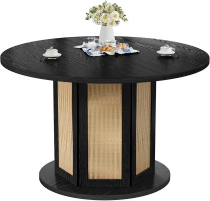 Round Dining Table for 4-6 People 47 Inch Circle Dining Table with Wooden Rattan Base Modern Farmhouse Kitchen