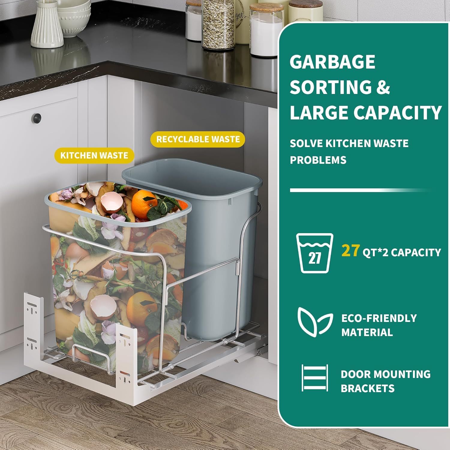  Double 27 Quart Pull-Out Trash Can with Soft-Close Slides, Sliding Under Mount Kitchen Waste Garbage Container