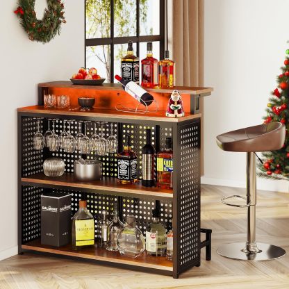 Mini Home Bar Unit with Music Sensing LED Light, Liquor Wine Cabinet w Counter Tall Bar Table Top Alcohol Storage Shelf Glasses Rack Footrest