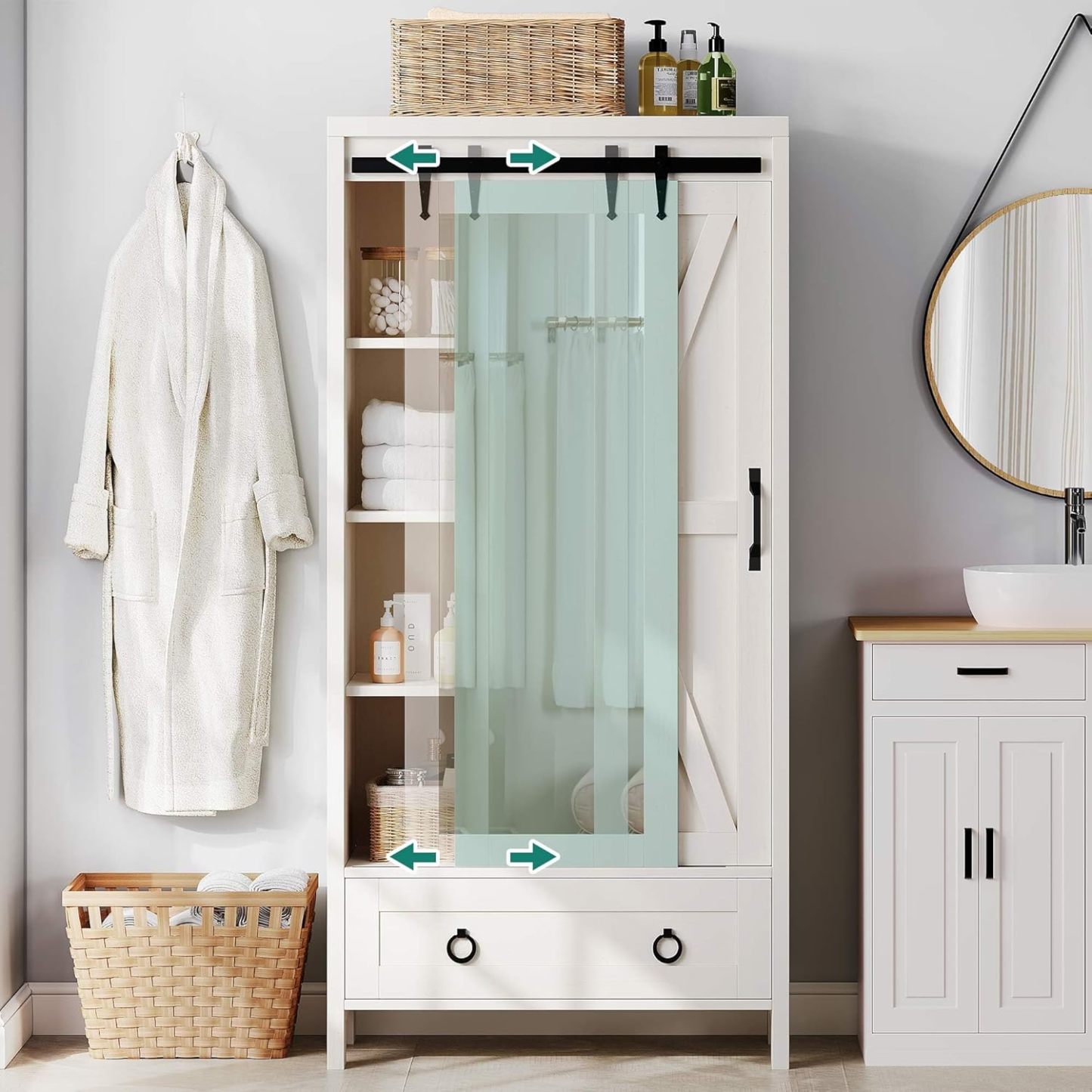 Tall Storage Cabinet, Farmhouse Bathroom Cabinets, Storage Cabinet with Doors, 1 Adjustable Shelf and 1 Drawer, Floor Kitchen Cabinet