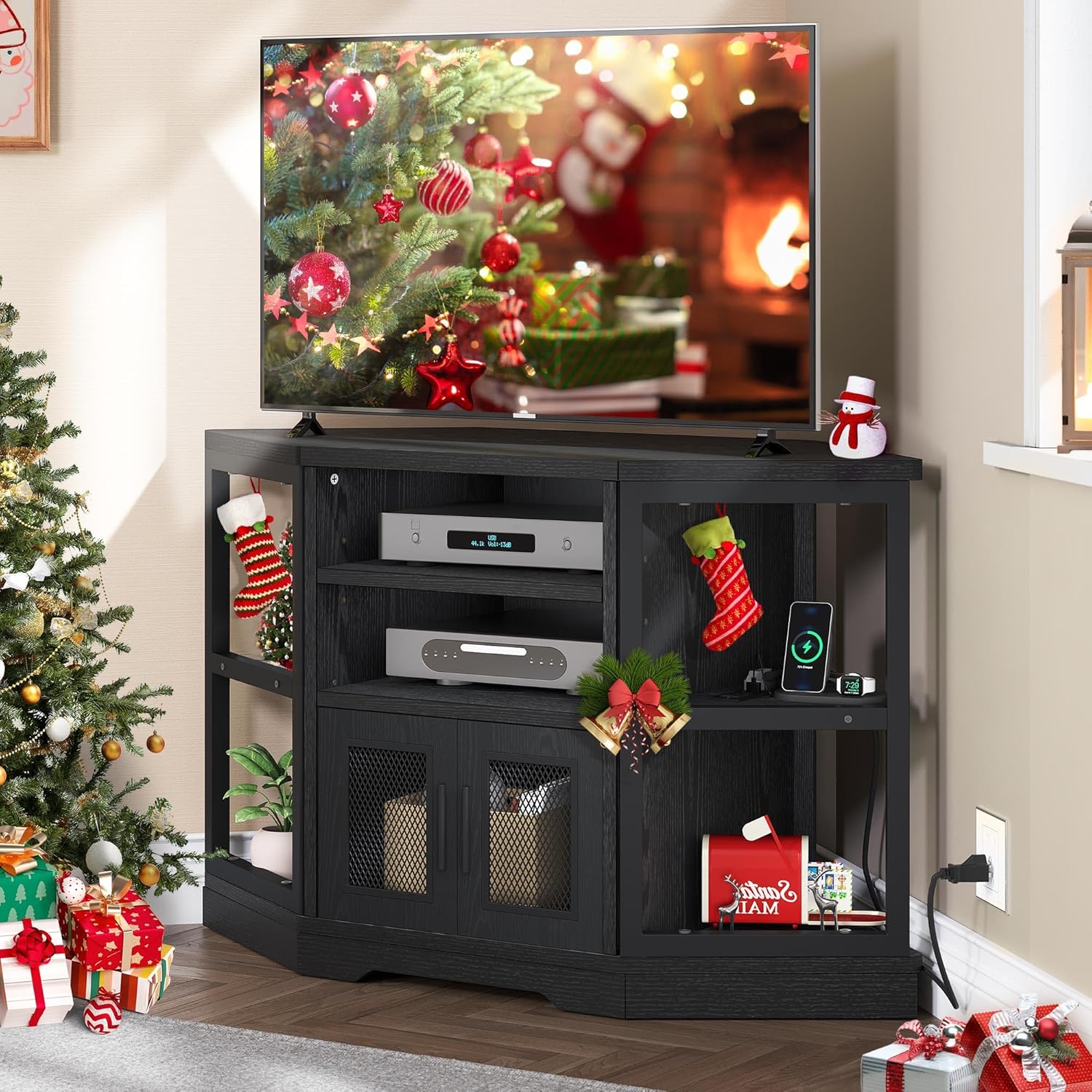 Corner TV Stand for TVs up to 55/50 Inch with Power Outlet, Modern Farmhouse Entertainment Center