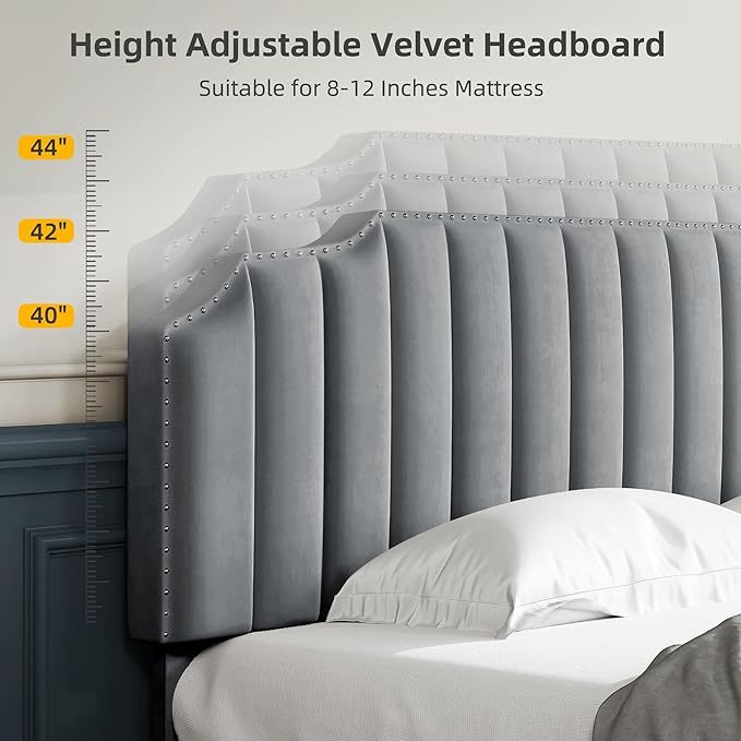 King Size Lift Up Storage Bed Frame with Adjustable Upholstered Platform Headboard