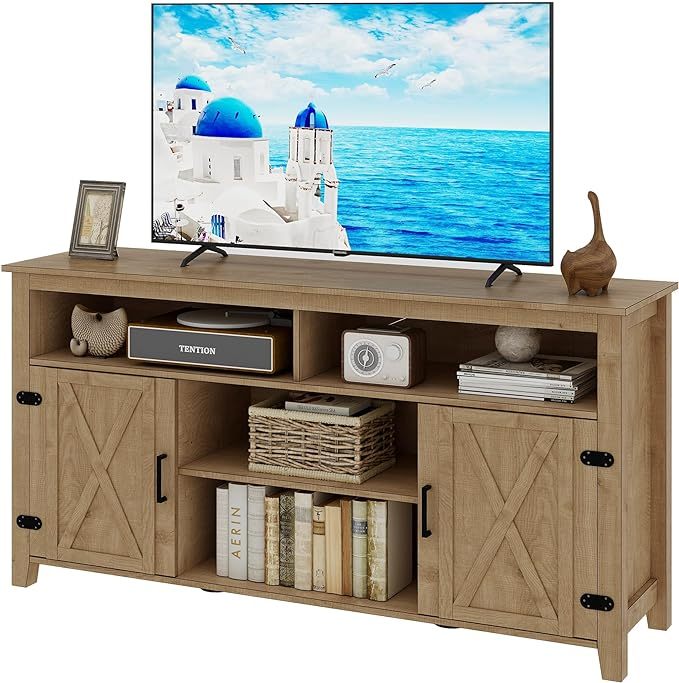 Farmhouse TV Cabinet for 65 Inch TV, Mid Century Modern TV Stand w/Barn Door