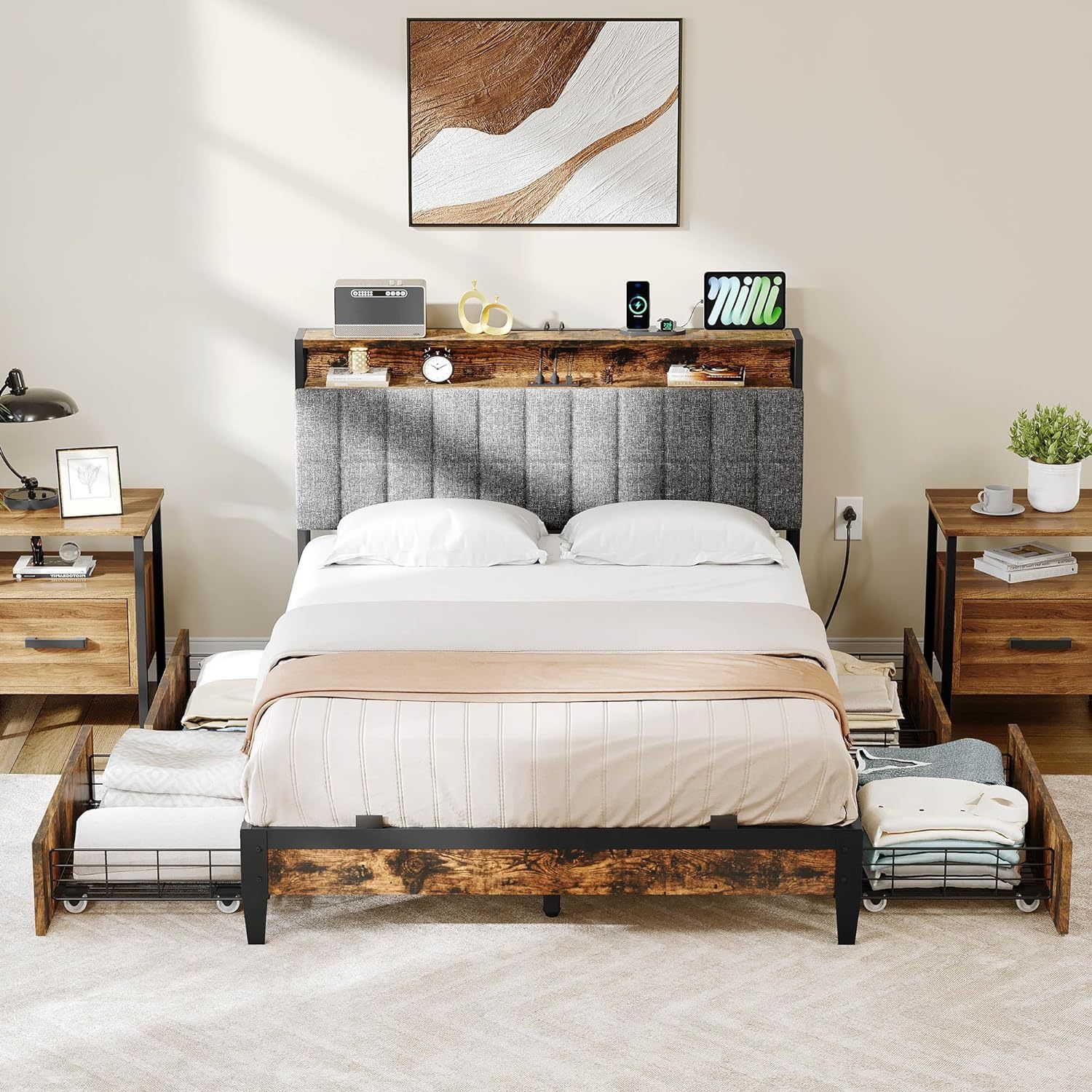 Queen Size Bed Frame, Upholstered Platform Bed Frame with Charging Station