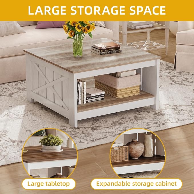 Square Coffee Table for Living Room Farmhouse Coffee Table with Storage