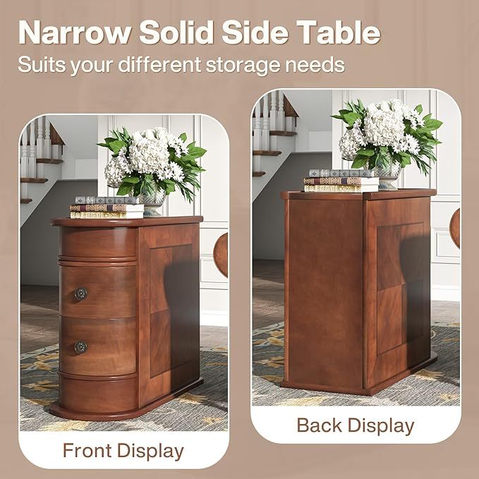 Solid Wood End Table, 2-Drawer Narrow Side Table