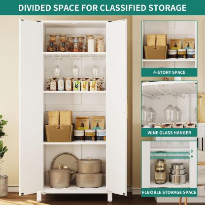 72" Tall Storage Cabinet, Modern Kitchen Pantry Cabinet with Carved Design for Doors ＆ Adjustable Shelves, Freestanding Wooden Storage Cabinet