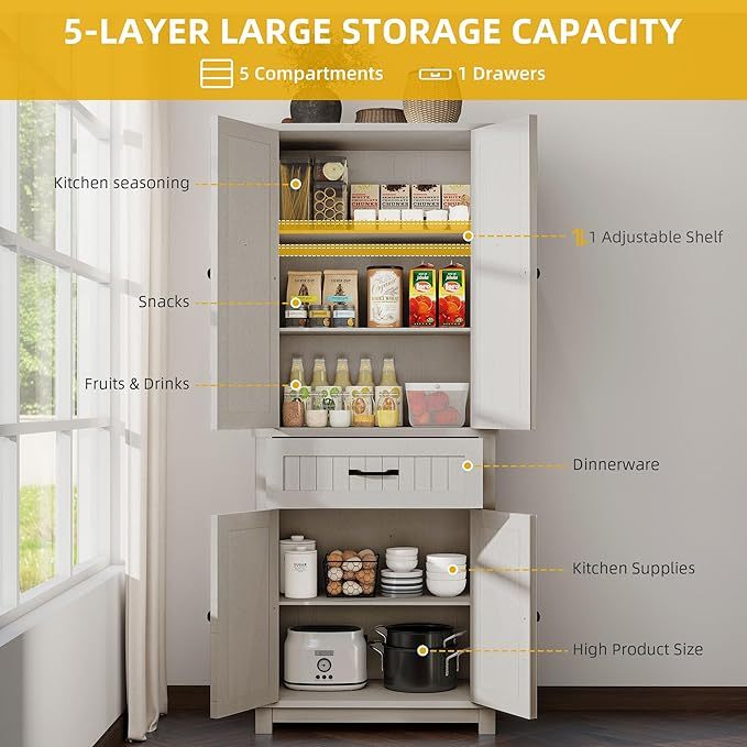 72" Tall Farmhouse Pantry Cabinet, Kitchen Storage Cabinet with Drawer and 2 Barn Doors