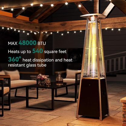 Pyramid Patio Heater, 48,000 BTU Outdoor Patio Heater, Quartz Glass Tube Propane Heater with Cover and Wheels for Patio