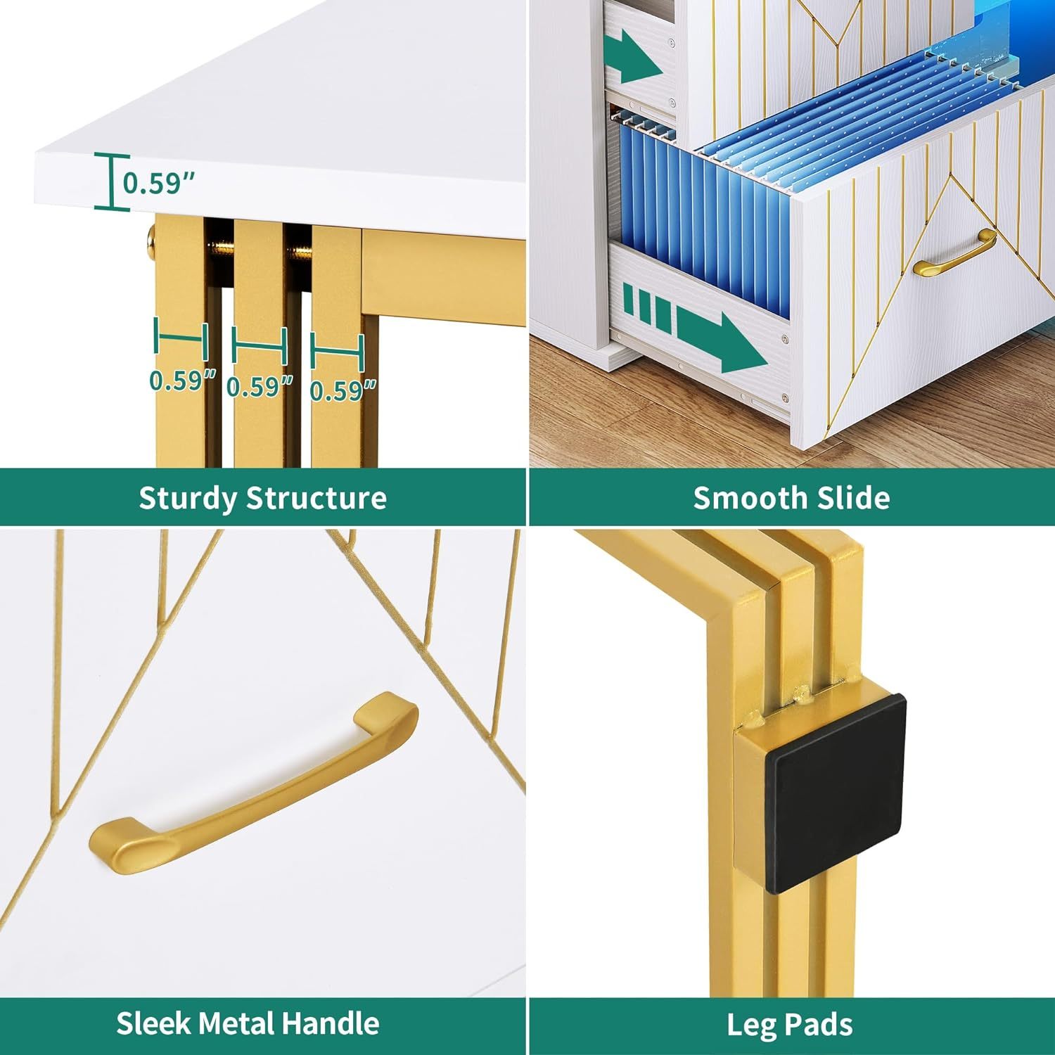 Gold L Shaped Desk with Drawers, 55" Reversible Computer Desk with Power Outlets & LED Lights