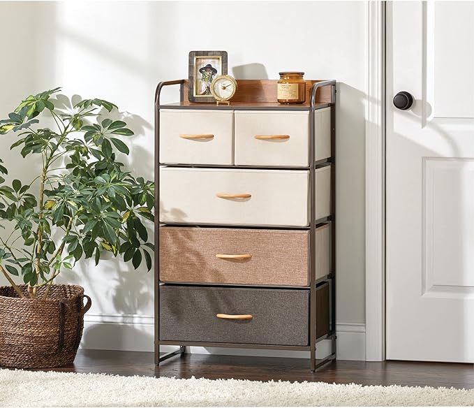 Tall Dresser Storage Chest - Vanity Furniture Cabinet Tower Unit for Bedroom, Office, and Closet - Textured Print - 5 Removable Drawers - Multi/Espresso Brown