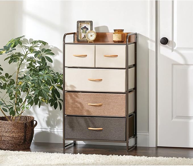 Tall Dresser Storage Chest - Vanity Furniture Cabinet Tower Unit for Bedroom, Office, and Closet - Textured Print - 5 Removable Drawers - Multi/Espresso Brown