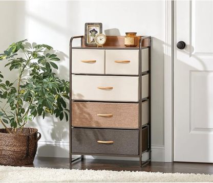 Tall Dresser Storage Chest - Vanity Furniture Cabinet Tower Unit for Bedroom, Office, and Closet - Textured Print - 5 Removable Drawers - Multi/Espresso Brown