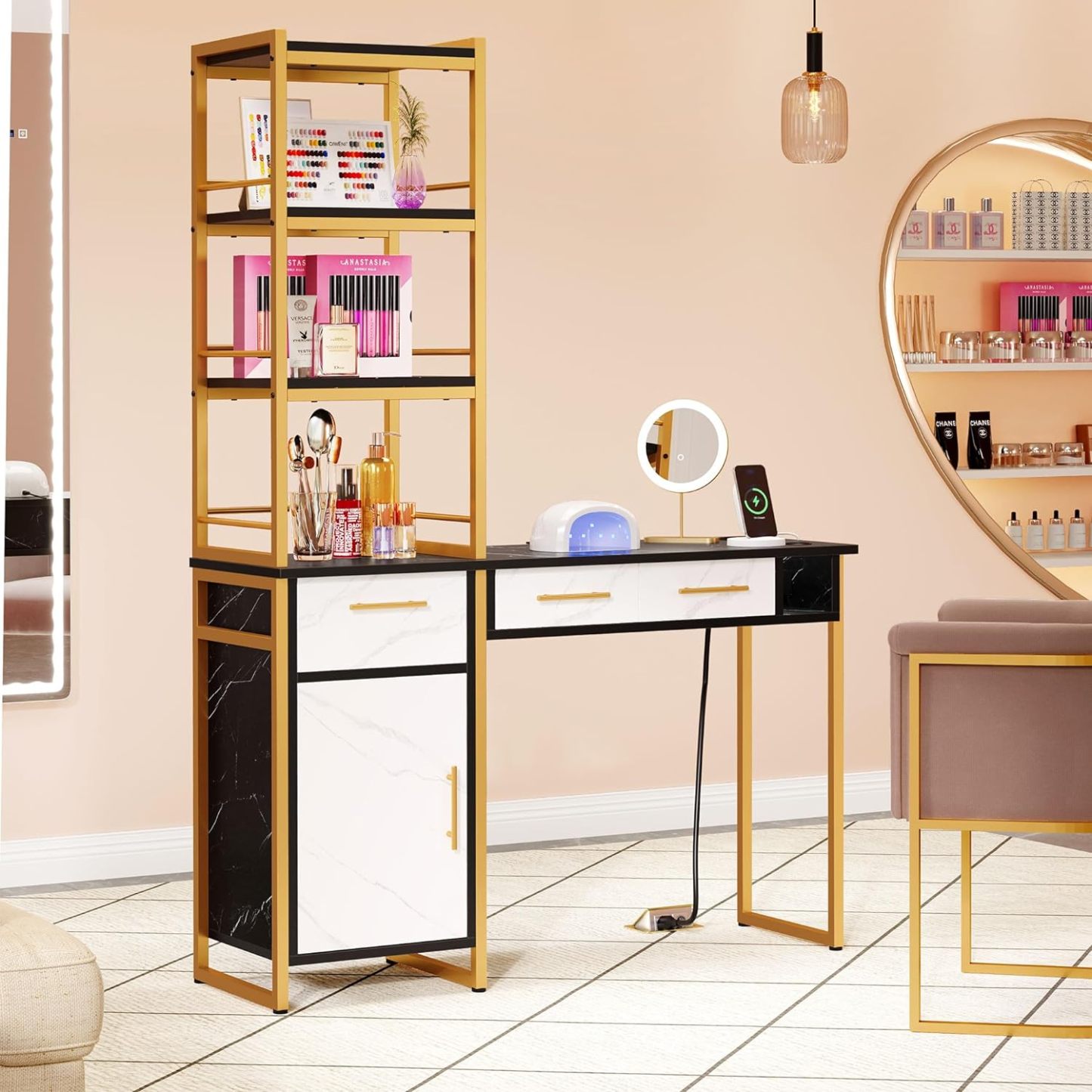 Hair Salon Station Barber Desk, Salon Stations Beauty Spa Salon Equipment Storage for Hair Stylist with 3 Drawers