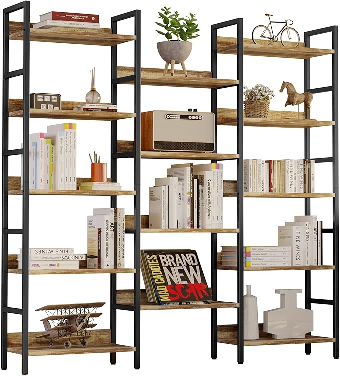 Bookcases and Bookshelves Triple Wide 5 Tiers Industrial Bookshelf with Baffles Large Etagere Bookshelf with Metal Frame for Living Room Home Office