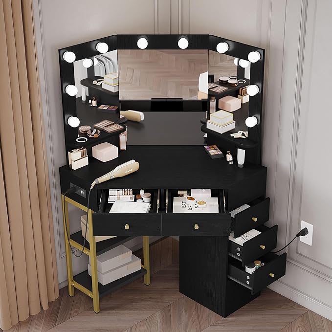 Makeup Vanity Desk w/Hollywood Bulbs Mirror & Power Outlet