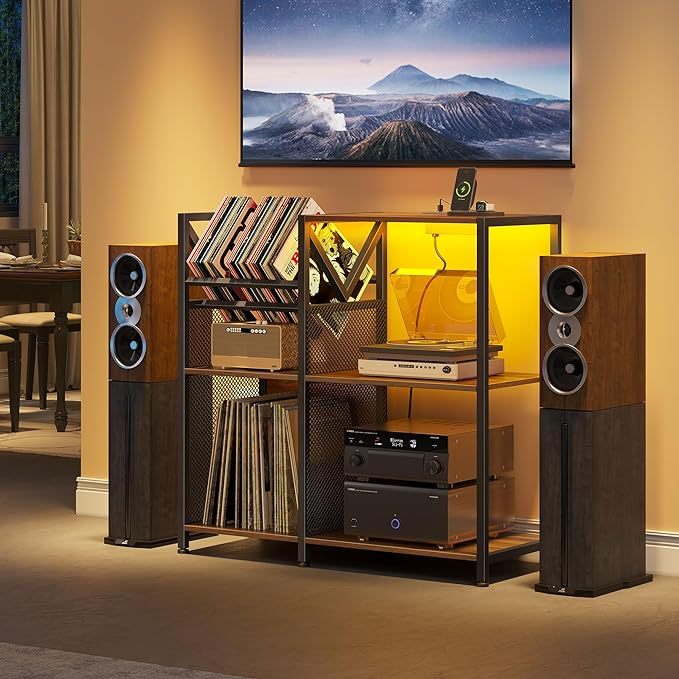 3 Tier Record Player Stand with Power Outlets & LED Light