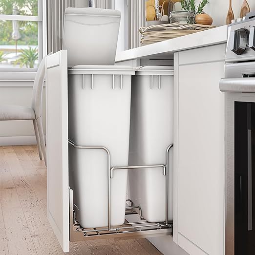 50-Quart Pull-Out Trash Can with Lid Double Bins