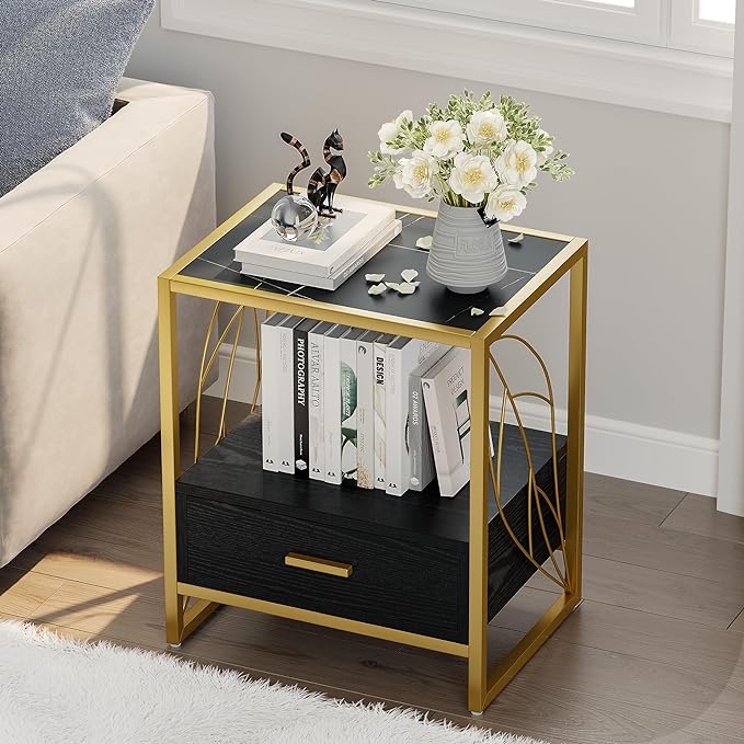 Black End Table, 20" Modern Side Table with 2 Shelf and Drawer