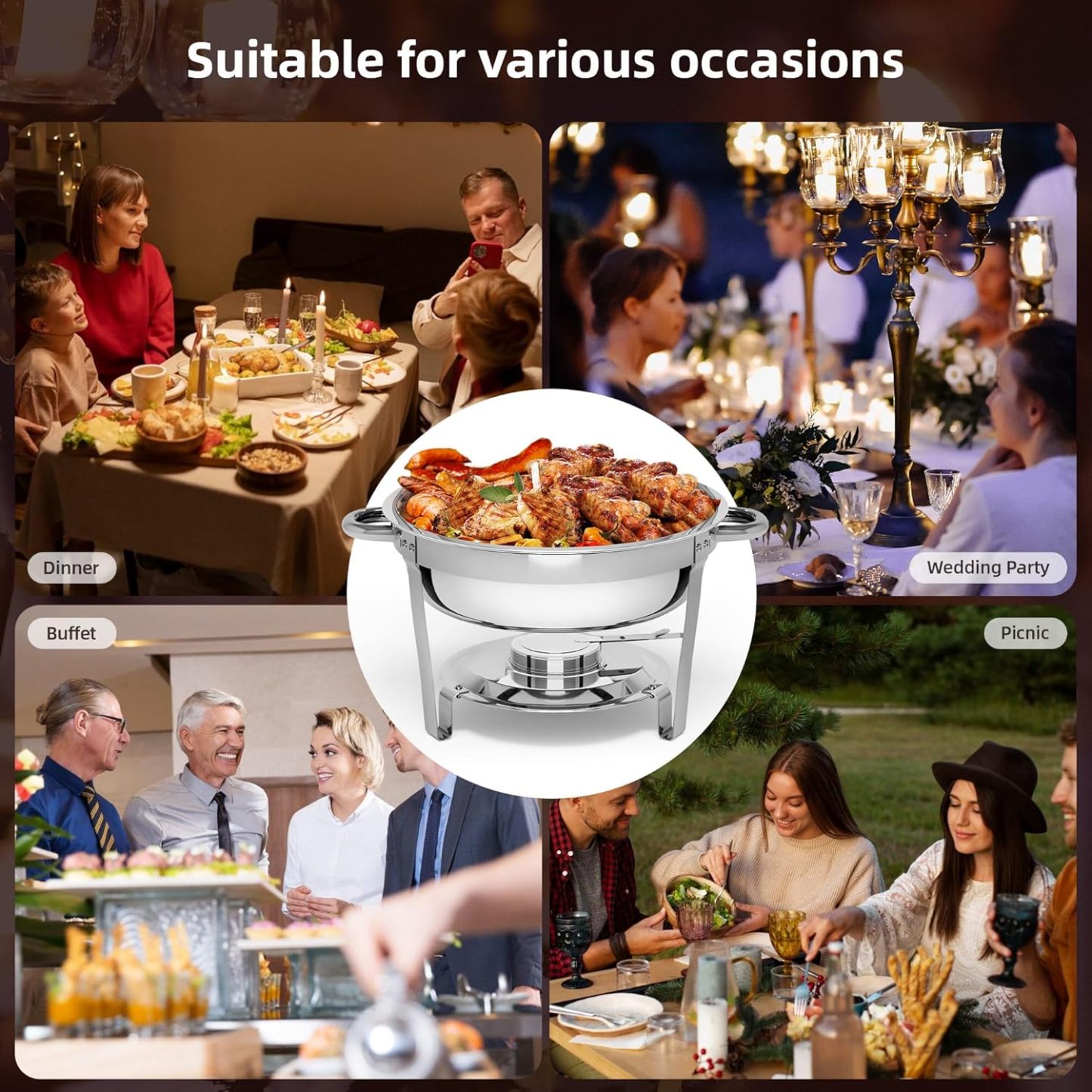 Chafing Dishes for Buffet, 5QT Round Chafing Dishes for Buffet with Lid & Lid Holder, Stainless Steel Chafers and Buffet Warmers Sets