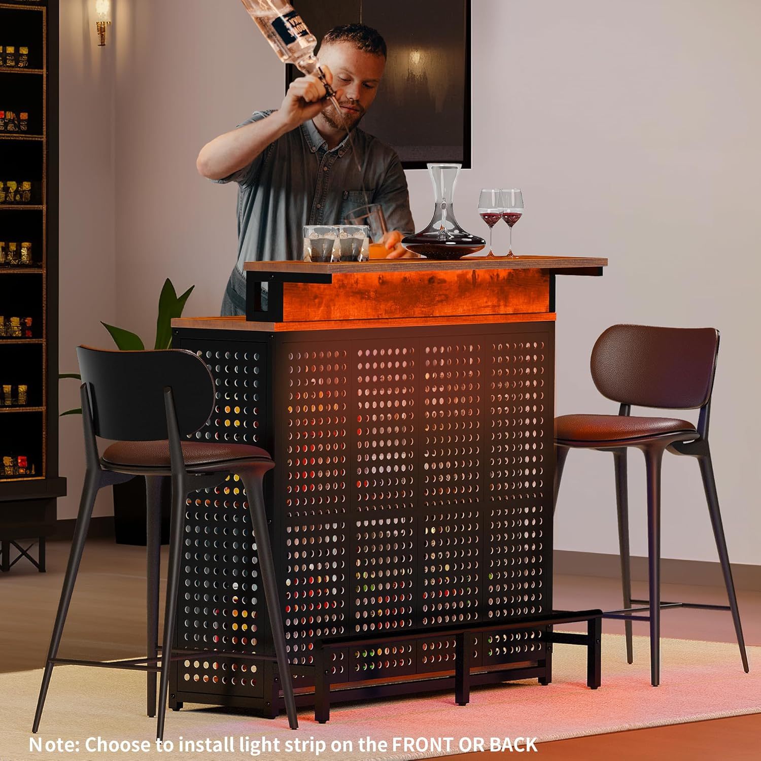 Mini Home Bar Unit with Music Sensing LED Light, Liquor Wine Cabinet w Counter Tall Bar Table Top Alcohol Storage Shelf Glasses Rack Footrest
