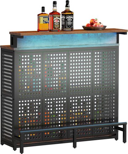 Mini Home Bar Unit with Music Sensing LED Light, Liquor Wine Cabinet w Counter Tall Bar Table Top Alcohol Storage Shelf Glasses Rack Footrest