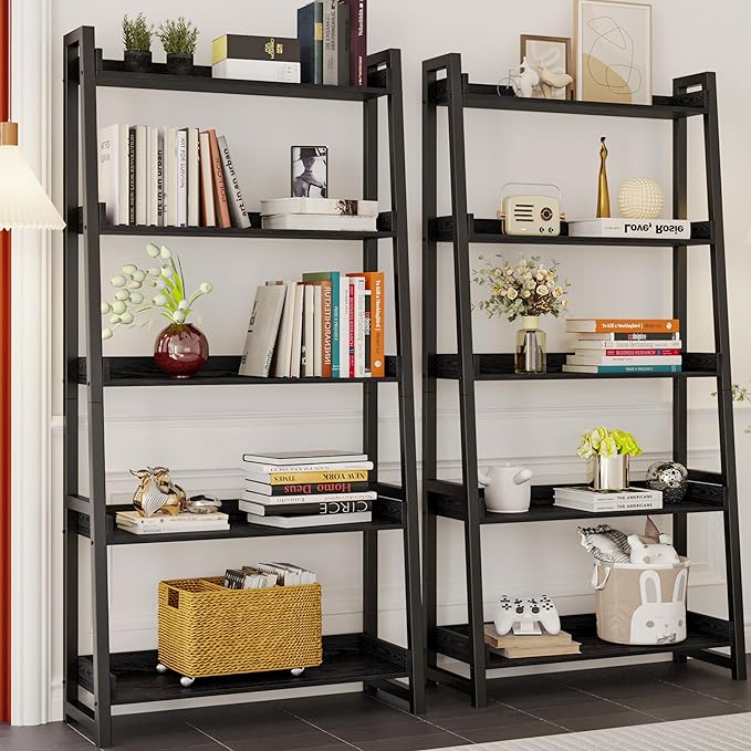 Industrial Bookshelf 5-Tier 31.5in Wide, Bookcase Ladder Shelf, Storage Shelves Rack Shelf Unit, Accent Furniture Metal Frame, Home Office Furniture for Bathroom, Living Room