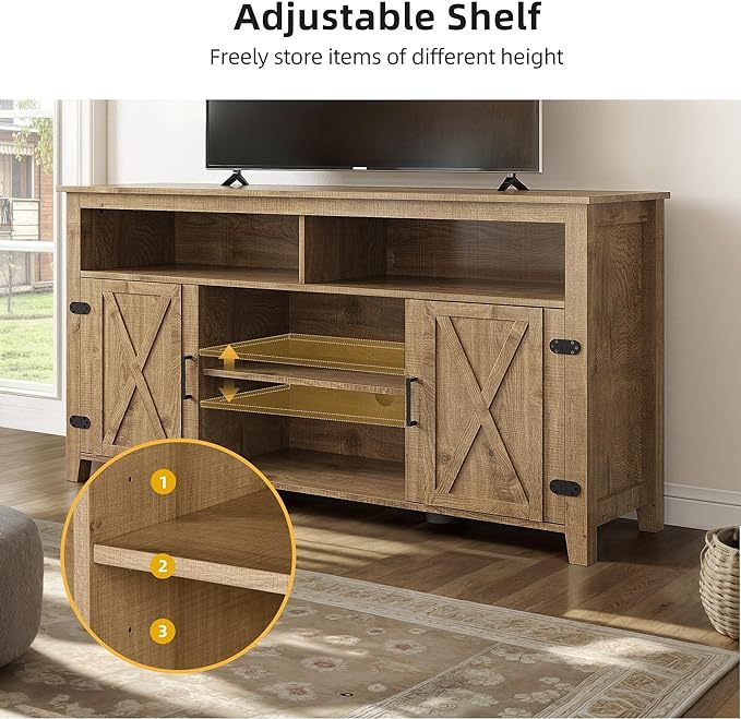 Farmhouse TV Cabinet for 65 Inch TV, Mid Century Modern TV Stand w/Barn Door
