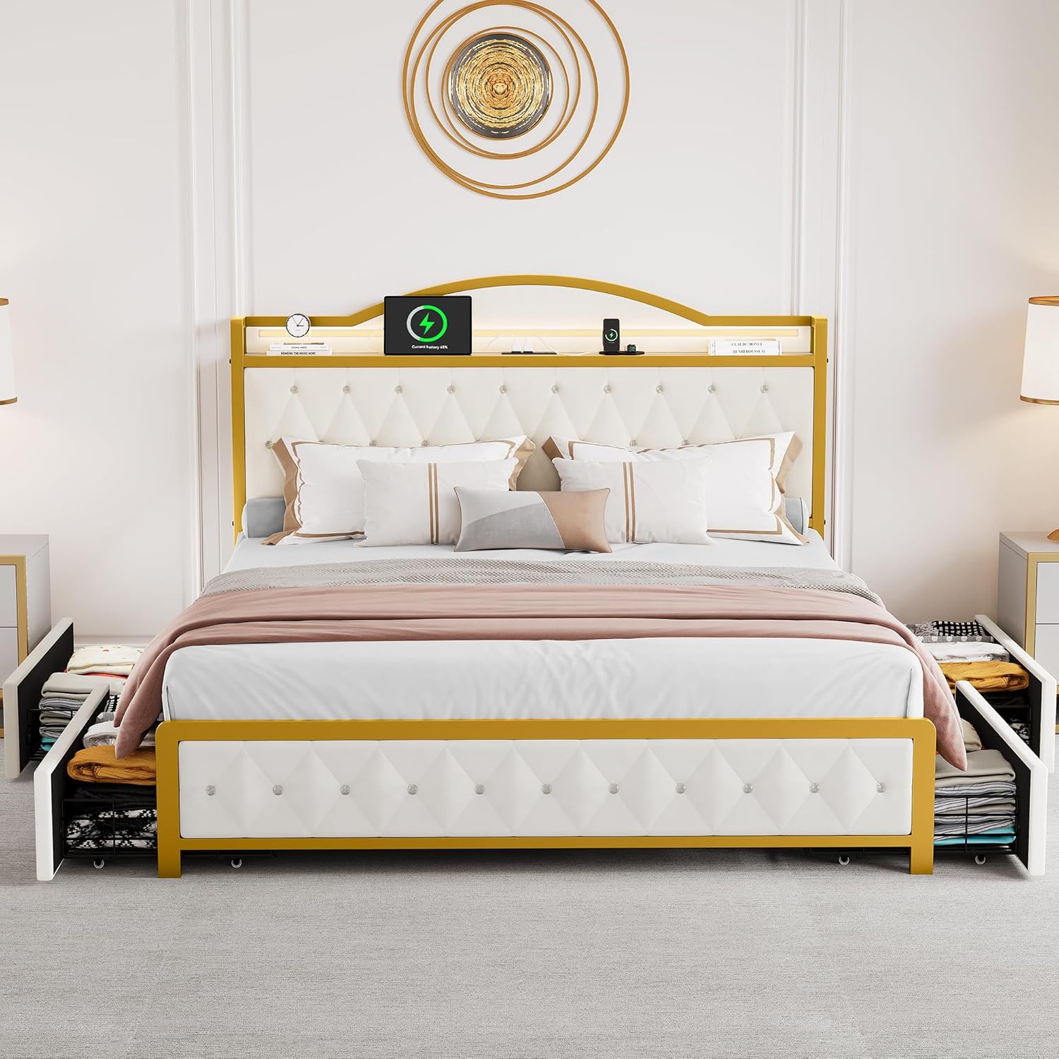Queen Bed Frame with LED Lights, Platform Upholstered Bed with 4 Storage Drawers and Charging Station
