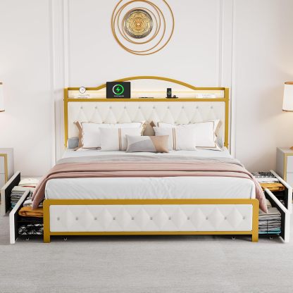 Queen Bed Frame with LED Lights, Platform Upholstered Bed with 4 Storage Drawers and Charging Station