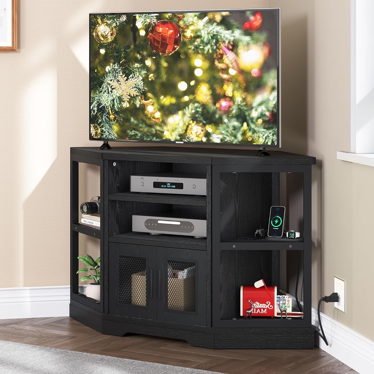 Corner TV Stand for TVs up to 55/50 Inch with Power Outlet, Modern Farmhouse Entertainment Center
