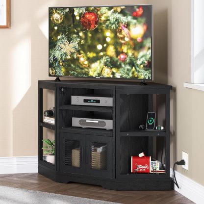 Corner TV Stand for TVs up to 55/50 Inch with Power Outlet, Modern Farmhouse Entertainment Center