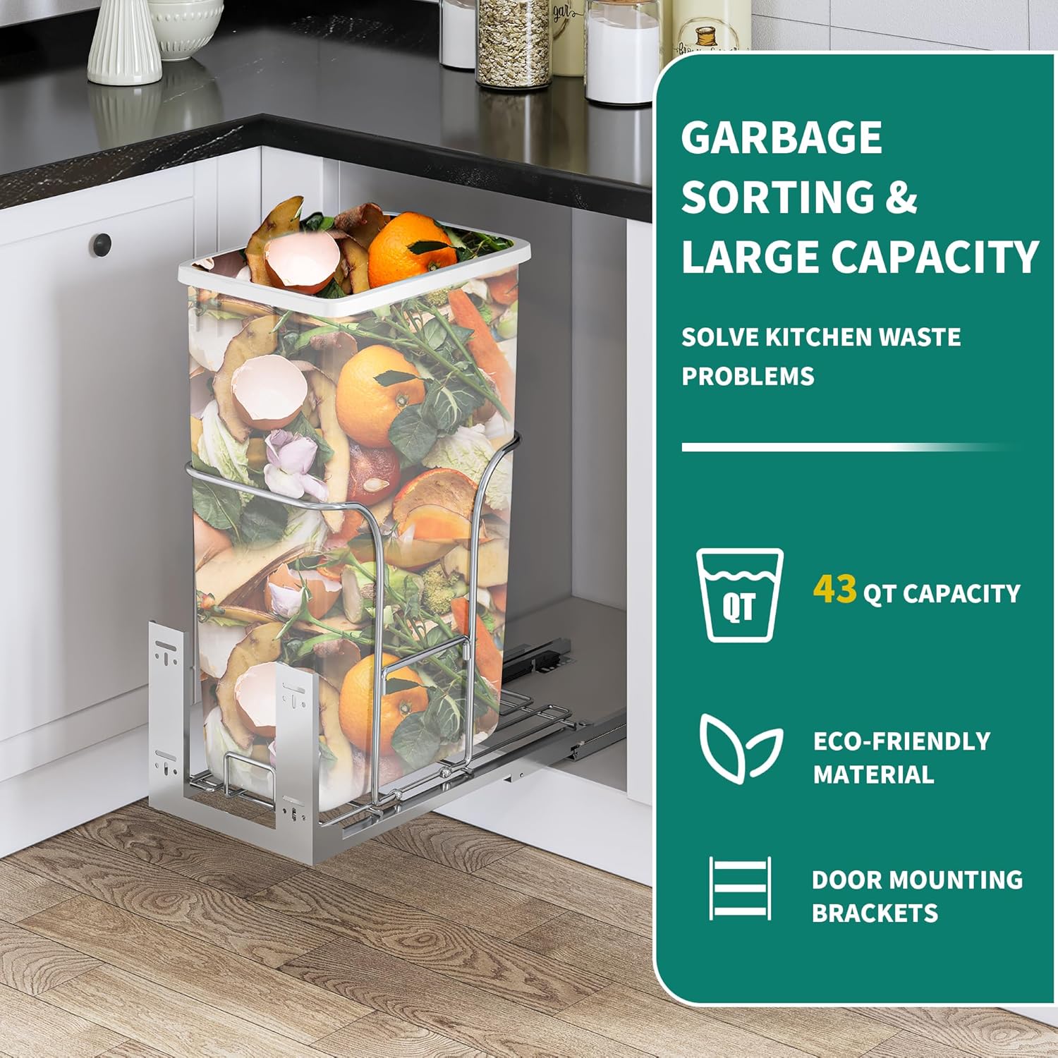 43 Quart Pull Out Trash Can Under Cabinet, Heavy Duty Trash Can with Soft-Close Slide and Door Mounting Kit