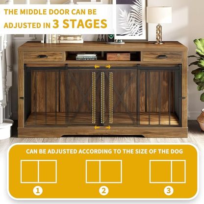 63 Inch Double Dog Crate Furniture for 2 Dogs, Heavy Duty Wooden Dog Crate TV Stand with Charging Station
