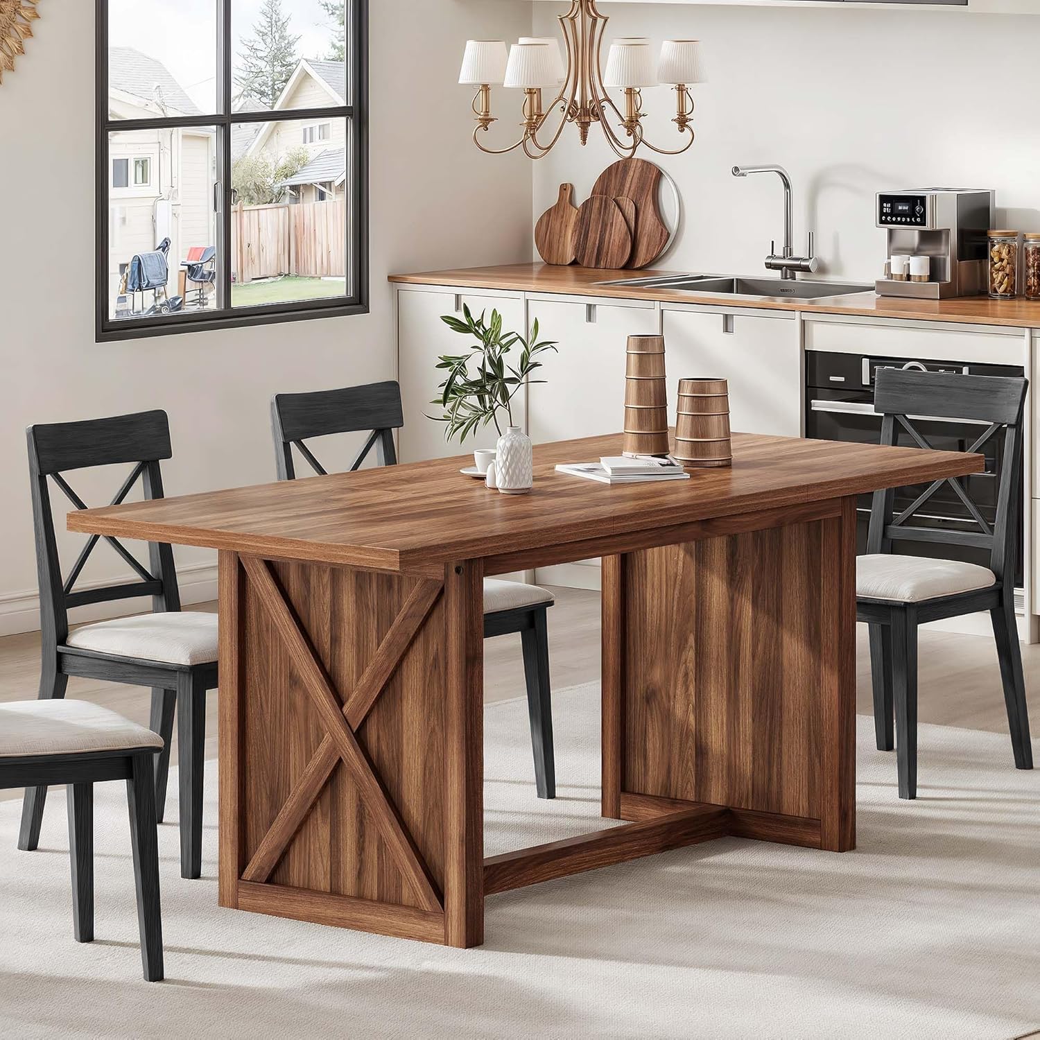 70.8" Large Farmhouse Dining Table for 6 to 8 People, Rustic Style Wood Dinner Table, Rectangular Dining Table for Kitchen