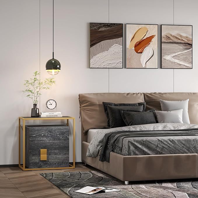 28 Inch Nightstand with 3 Drawers Black Sintered Slate Top Gold Metal Frame Night Stand