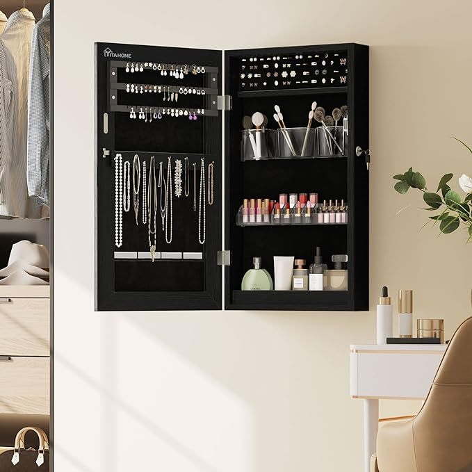 Lockable Jewelry Cabinet Armoire with Mirror, Wall-Mounted Mirror with Jewelry Storage