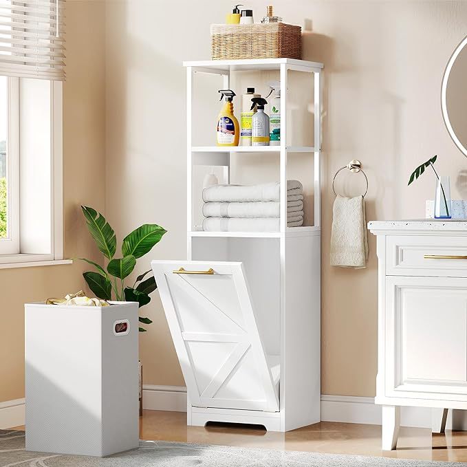 Tilt Out Laundry Hamper, Hidden Laundry Hamper Cabinet and 3-Tier Storage Shelves with Removable Laundry Basket