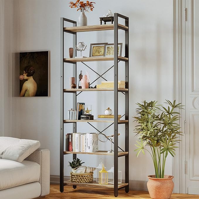 Bookshelf 6-Tier Ladder Shelf 110lbs/shelf Vintage Industrial Style Bookcase for Home Decor, Office Decor