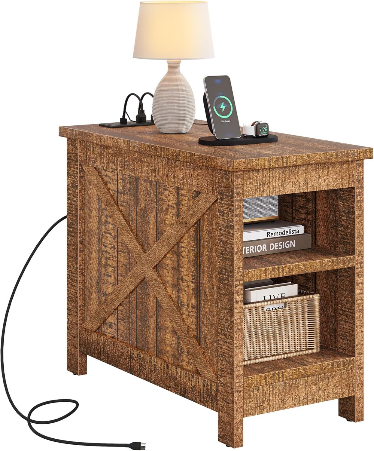 End Table with Charging Station, Farmhouse Narrow Side Table with Storage Shelf