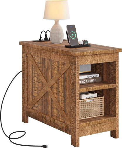 End Table with Charging Station, Farmhouse Narrow Side Table with Storage Shelf