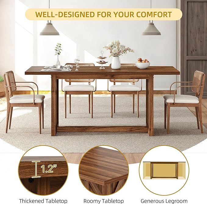 70.8" Large Dining Table for 6 to 8 People, Farmhouse Rustic Wood Dinner Table