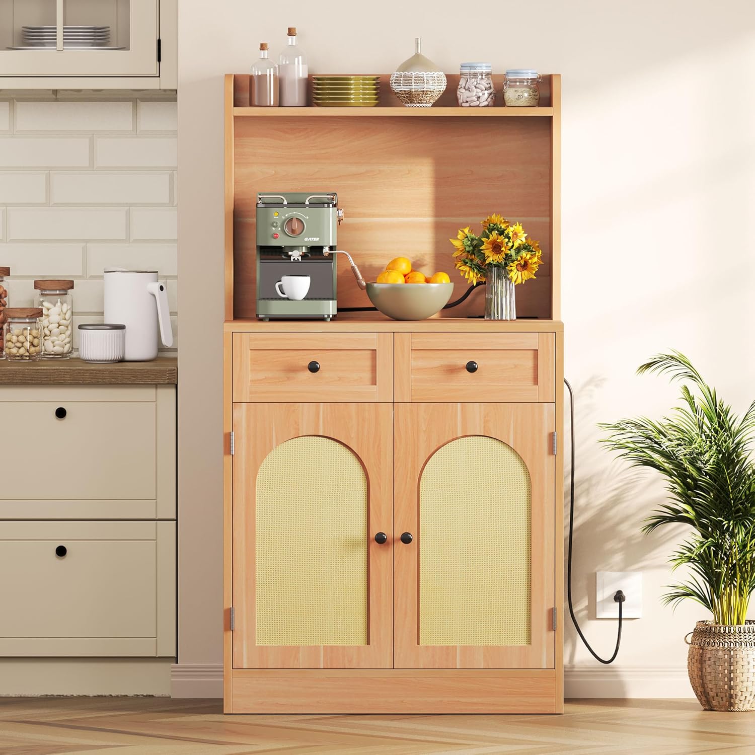Kitchen Hutch Bakers Rack Cabinet, Coffee Bar Cabinet Kitchen Pantry Microwave Cabinet w/Power Outlet Rattan Storage Cabinet with Drawers and Shelves for Kitchen