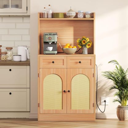 Kitchen Hutch Bakers Rack Cabinet, Coffee Bar Cabinet Kitchen Pantry Microwave Cabinet w/Power Outlet Rattan Storage Cabinet with Drawers and Shelves for Kitchen